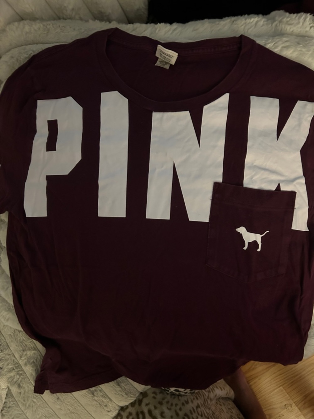 VS PINK Logo Pocket Tee - Deep Burgundy with White Lettering